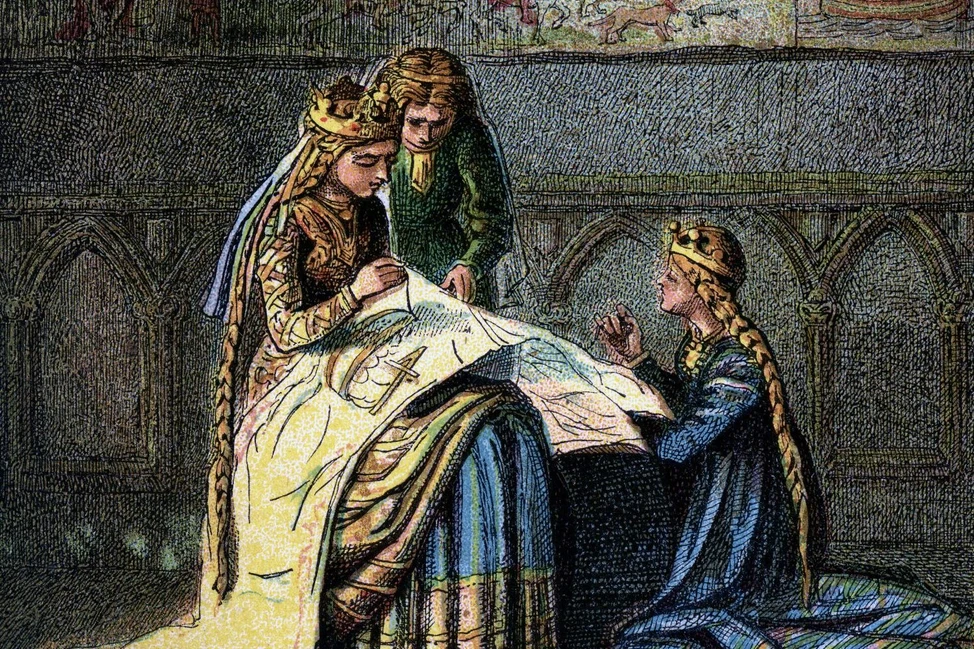 Средневековая иллюстрация: королева с короной и двумя придворными женщинами вышивают большое полотно с узорами в готическом интерьере