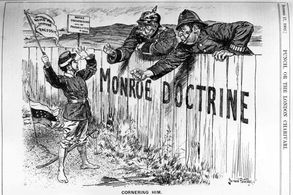 Карикатура 1902 года из журнала Punch: США защищаются за забором с надписью «Доктрина Монро», пока Британия и Германия угрожающе нависают, символизируя блокаду Венесуэлы