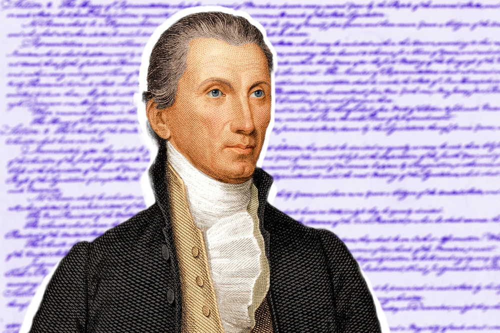 Портрет Джеймса Монро на фоне рукописного текста его речи 1823 года, ставшей основой доктрины Монро