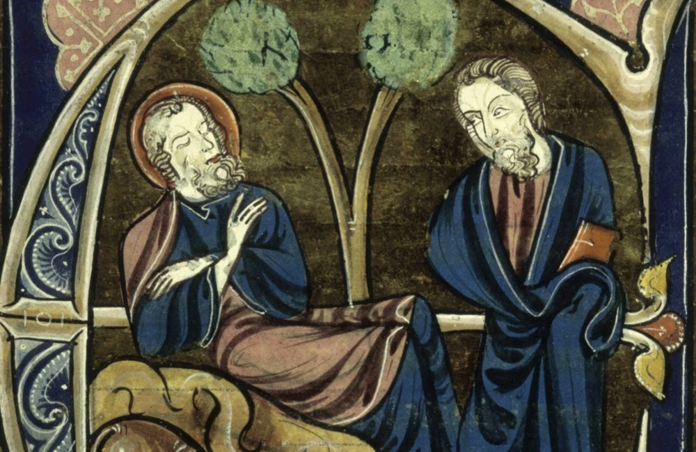 Святой Патрик на средневековой миниатюре, беседа с учеником, XIII век