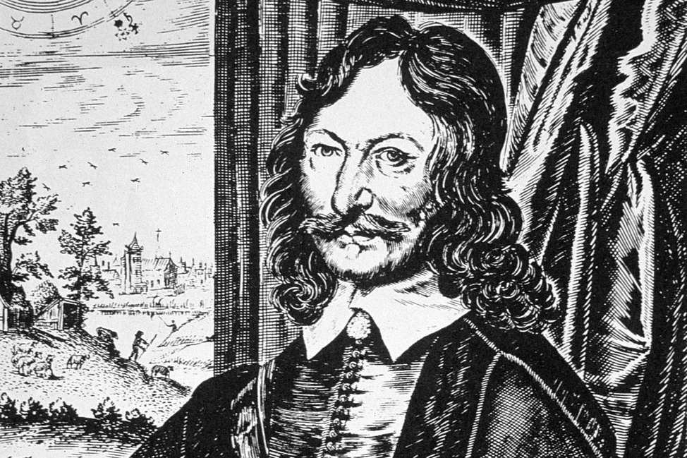 Уильям Лилли на гравюре XVII века: портрет астролога с длинными волосами и усами, пейзаж на фоне