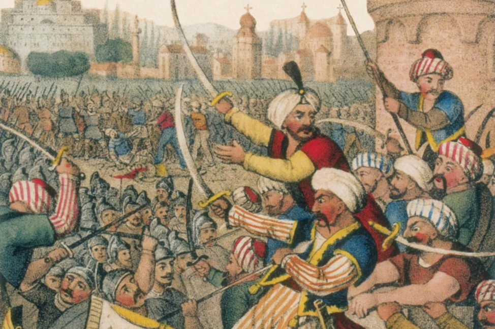 Историческая миниатюра: сражение у города. Воины в тюрбанах с саблями, толпы солдат. На фоне — городские стены и здания.