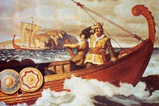 Викинги на драккаре прибывают в Гренландию, X век