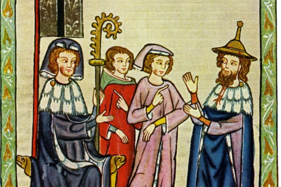 Средневековая миниатюра: епископ с посохом сидит слева, рядом стоят трое мужчин в цветных одеждах, один жестикулирует.