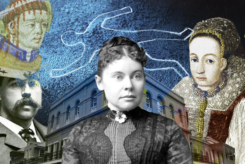 Коллаж: Лиззи Борден, Елизавета Батори и известные места преступлений в истории