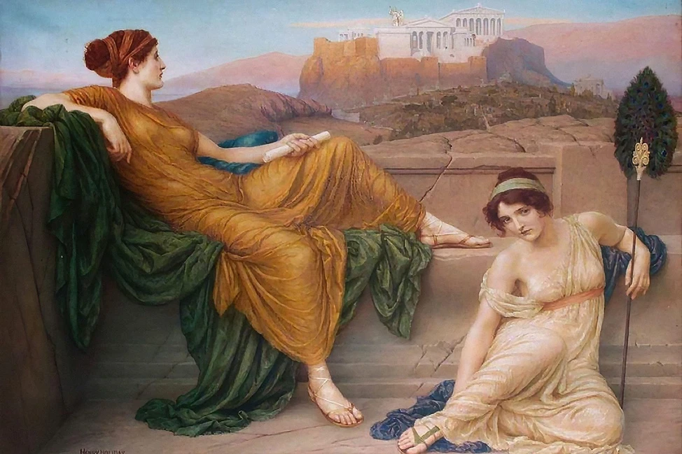 Две женщины в хитонах на террасе с видом на Акрополь: одна полулежит со свитком, другая — с павлиньим веером.