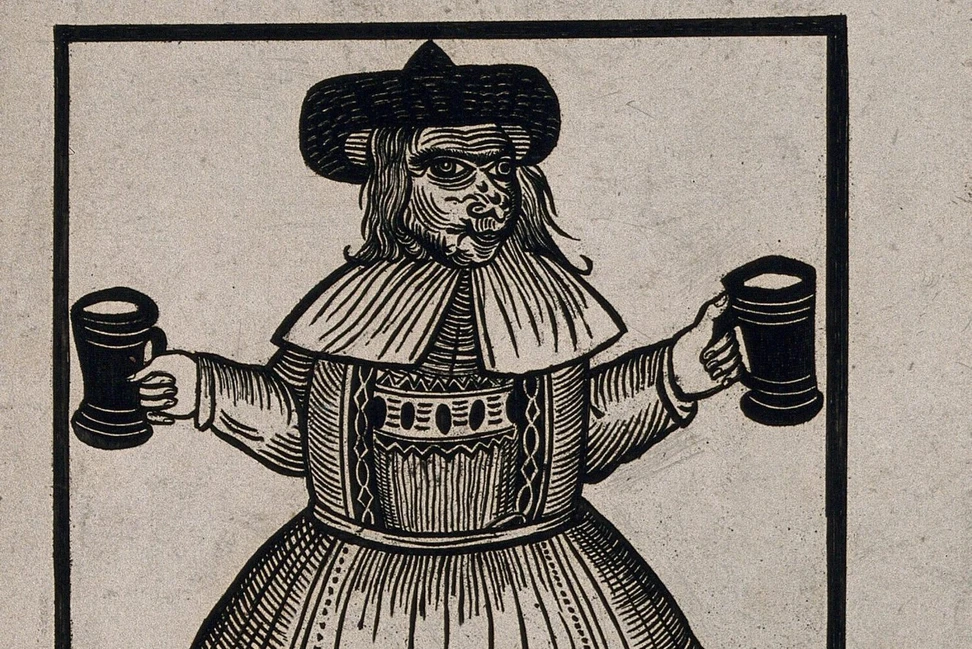 Линейная гравюра с изображением Элинор Раммин — хозяйки эль-хауса, держащей кружки с элем.