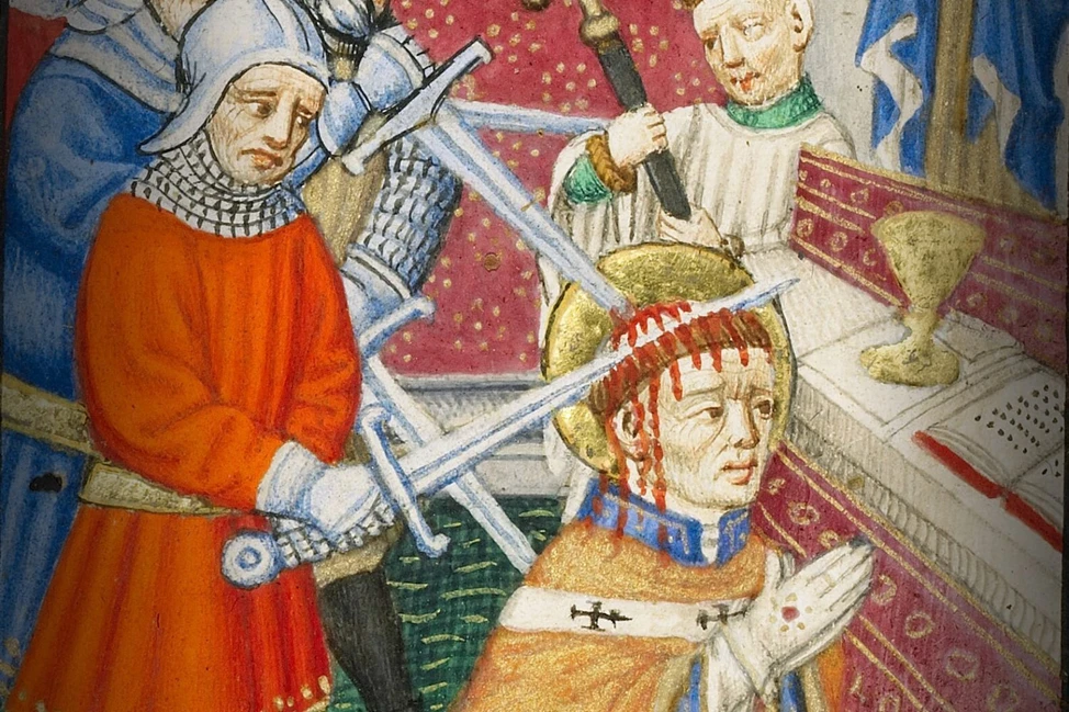 Убийство архиепископа Томаса Бекета в Кентерберийском соборе, средневековая миниатюра, 1170 год