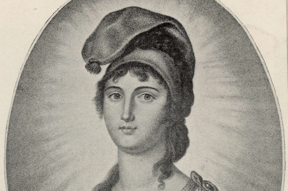 Гравюра с изображением молодой женщины в фригийском колпаке.