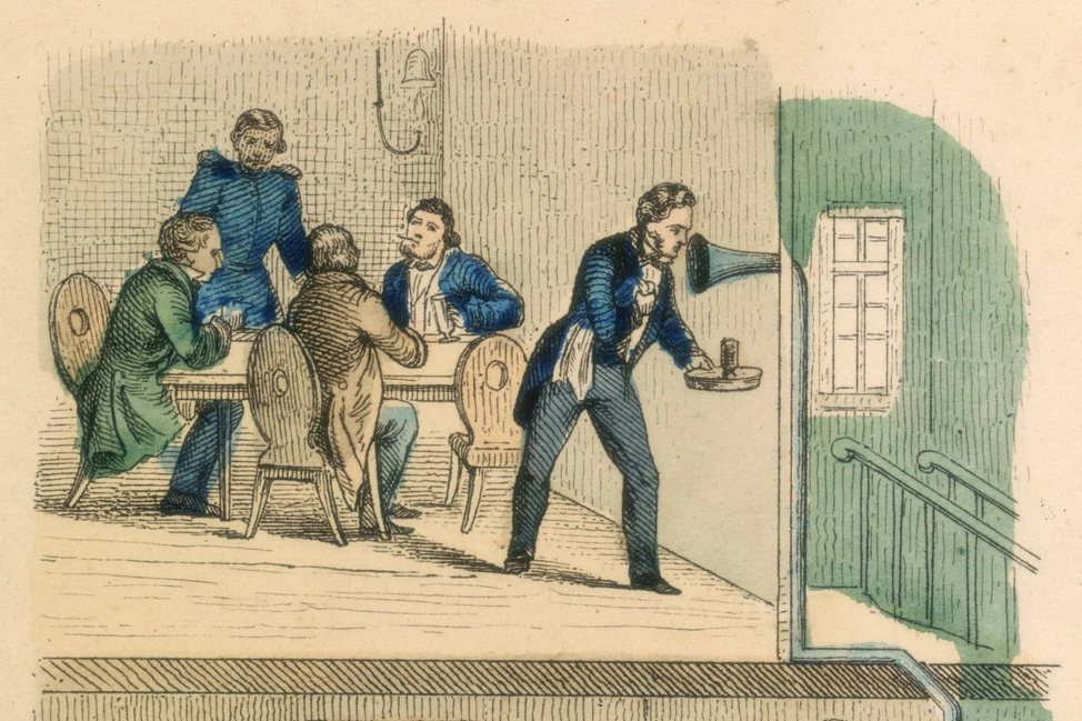 Официант использует разговорную трубу для связи с кухней в ресторане, XIX век