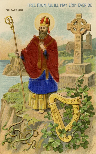 Святой Патрик изгоняет змей из Ирландии: открытка Дня святого Патрика с трилистником и кельтским крестом