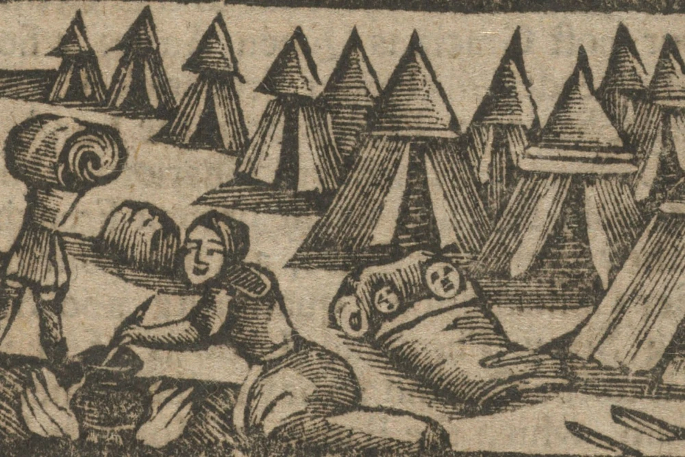 Гравюра XVIII века с изображением лагеря пфальцских беженцев в Англии в 1709 году: ряды армейских палаток и люди, разбивающие лагерь на открытом поле.