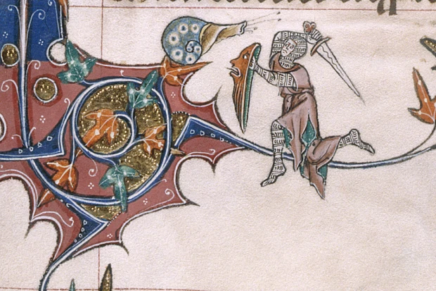 Средневековая иллюстрация на полях рукописи: рыцарь с мечом и щитом сражается с гигантской улиткой.