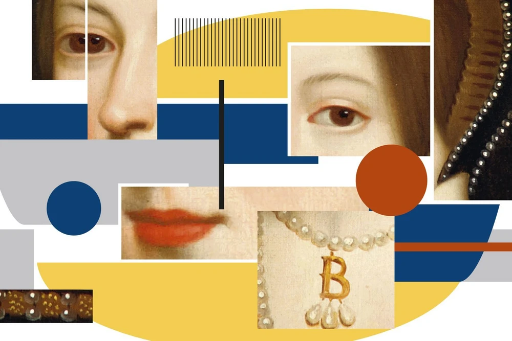 Коллаж с фрагментами портретов Анны Болейн и ожерельем с буквой B — реконструкция внешности