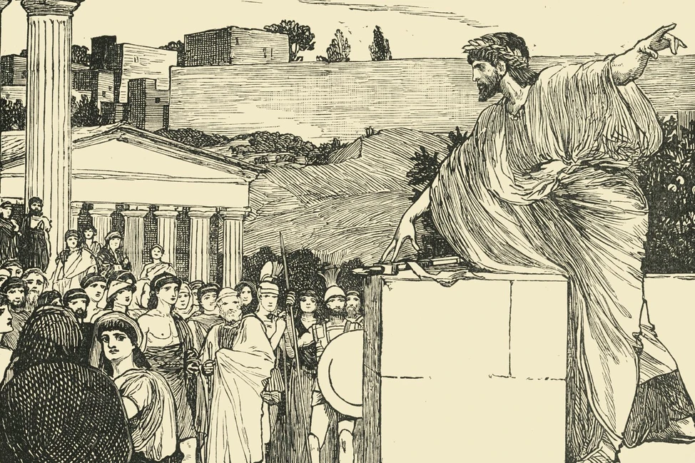 Оратор в древнегреческих одеждах выступает перед собранием на фоне античных колонн и Акрополя, гравюра 1880-х годов