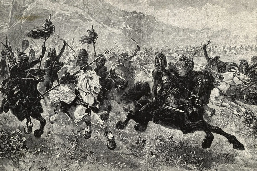 Гуннские всадники с копьями и знамёнами в атаке, горы на заднем плане, гравюра XIX века