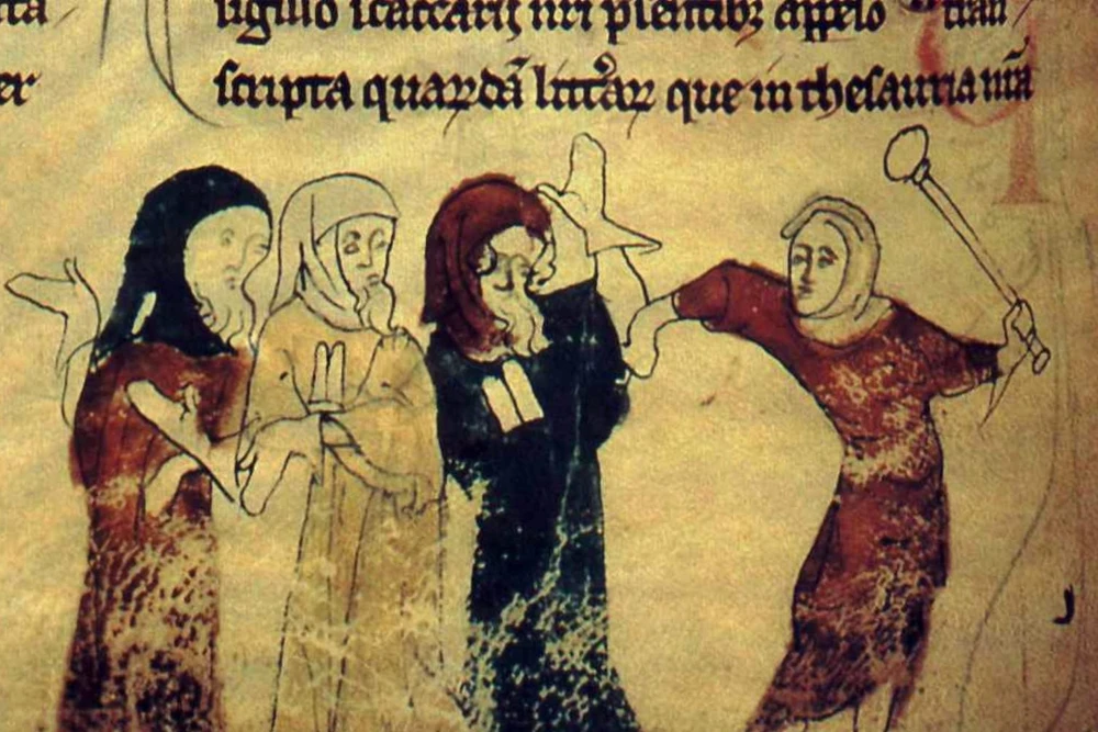 Средневековая миниатюра: четыре фигуры в разноцветных одеяниях с жезлом, латинский текст сверху, XII век