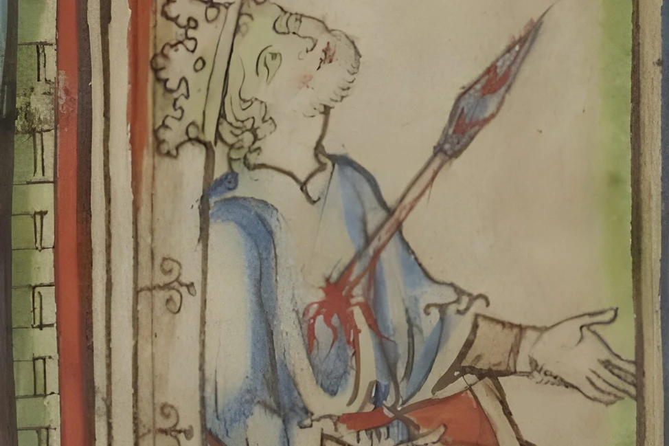 Король Эдмунд Железнобокий в синих одеждах, пронзённый копьём снизу, средневековая миниатюра