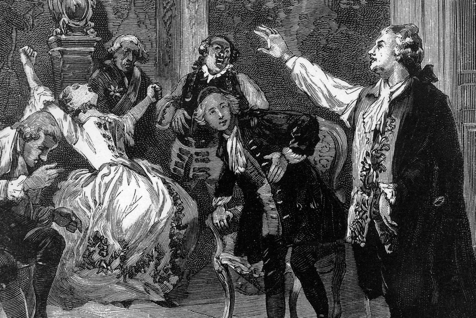 Группа людей в одежде XVIII века вокруг женщины в обмороке, мужчина с поднятой рукой проводит сеанс в интерьере салона