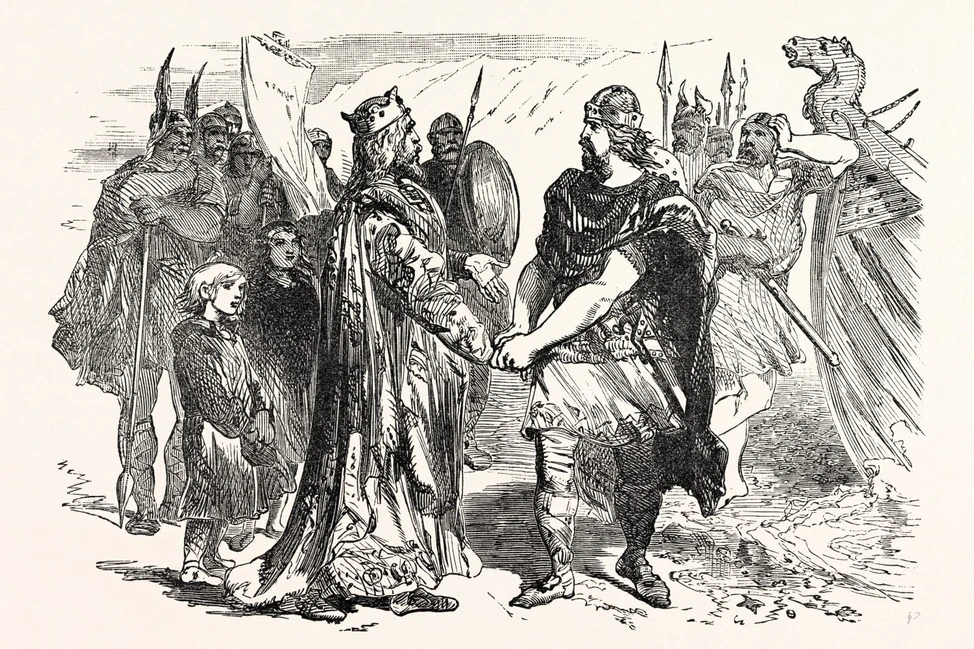 Эдмунд Железнобокий и Кнуд пожимают руки: король в мантии и воин в доспехах, на фоне воины и драккар