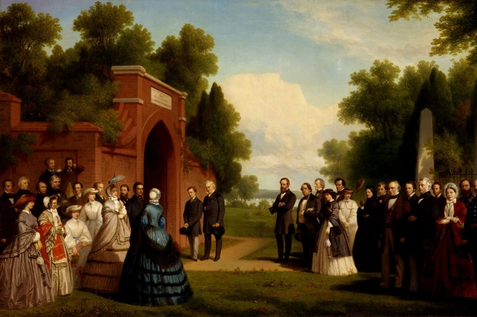 Принц Уэльский и Джеймс Бьюкенен у гробницы Джорджа Вашингтона в окружении гостей