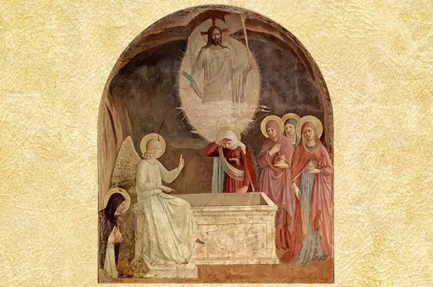 Воскресение Христово: фреска с ангелом у гробницы и женами-мироносицами в арочной композиции