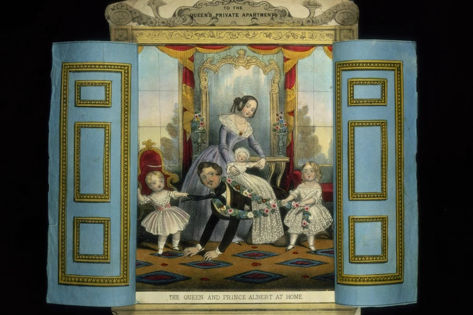 Королева Виктория в фиолетовом платье с младенцем, принц Альберт с цветочной гирляндой и дети в роскошном интерьере, 1845