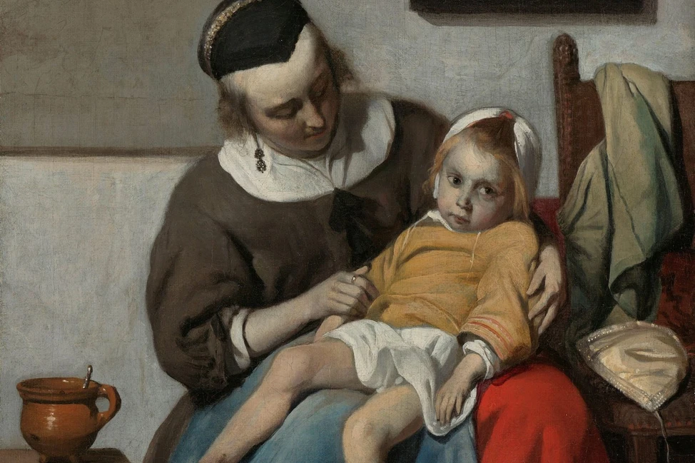 Голландская живопись XVII века: женщина в чёрном чепце и белом воротнике держит на коленях ребёнка в жёлтой одежде