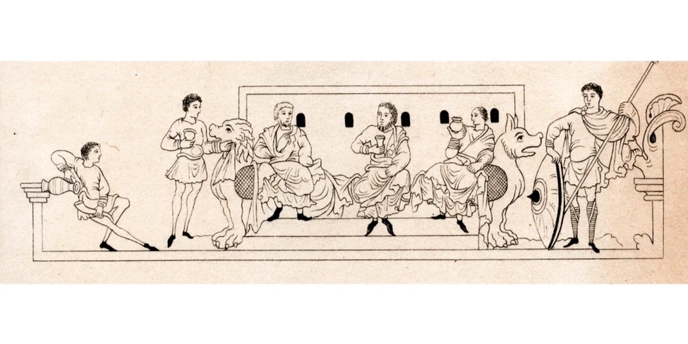 Средневековая миниатюра: пирующие с кубками на ложе, слуга с кувшином, грифоны и воин с копьём и щитом