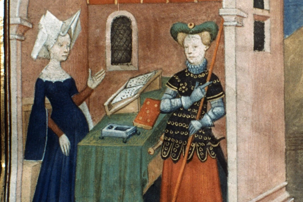 Кристина Пизанская беседует с вооружённой женщиной у стола с книгами, миниатюра XV века