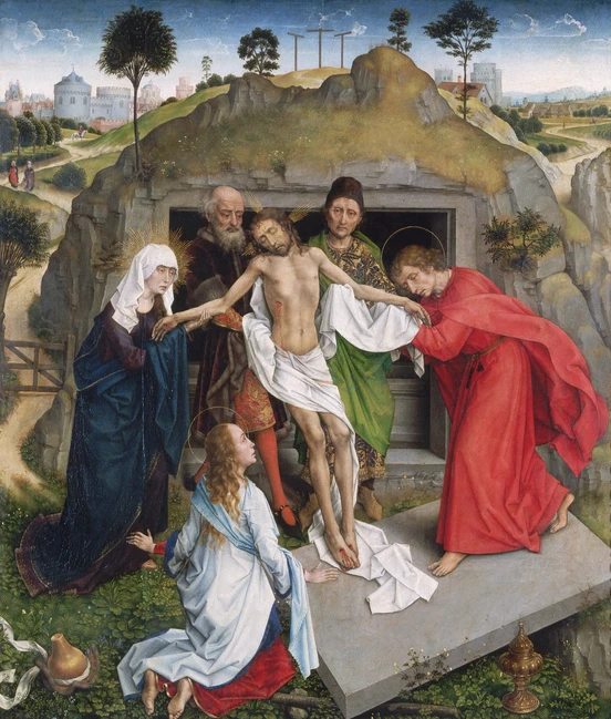 Положение Христа во гроб: фигуры в разноцветных одеждах у каменной гробницы, на заднем плане пейзаж с крестами на холме