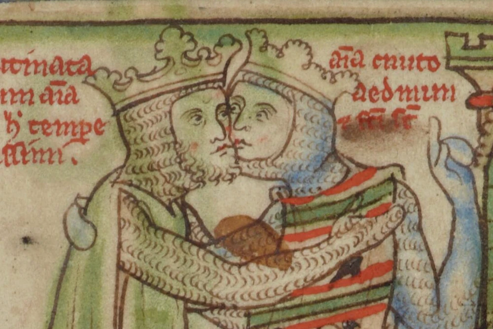 Эдмунд Железнобокий и Кнуд в коронах и кольчугах обнимаются на средневековой миниатюре, 1016 год