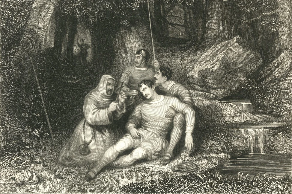 Средневековая гравюра: в лесу раненый человек, которого поддерживают спутники, рядом монах, на заднем плане воины с копьями, скалы и ручей