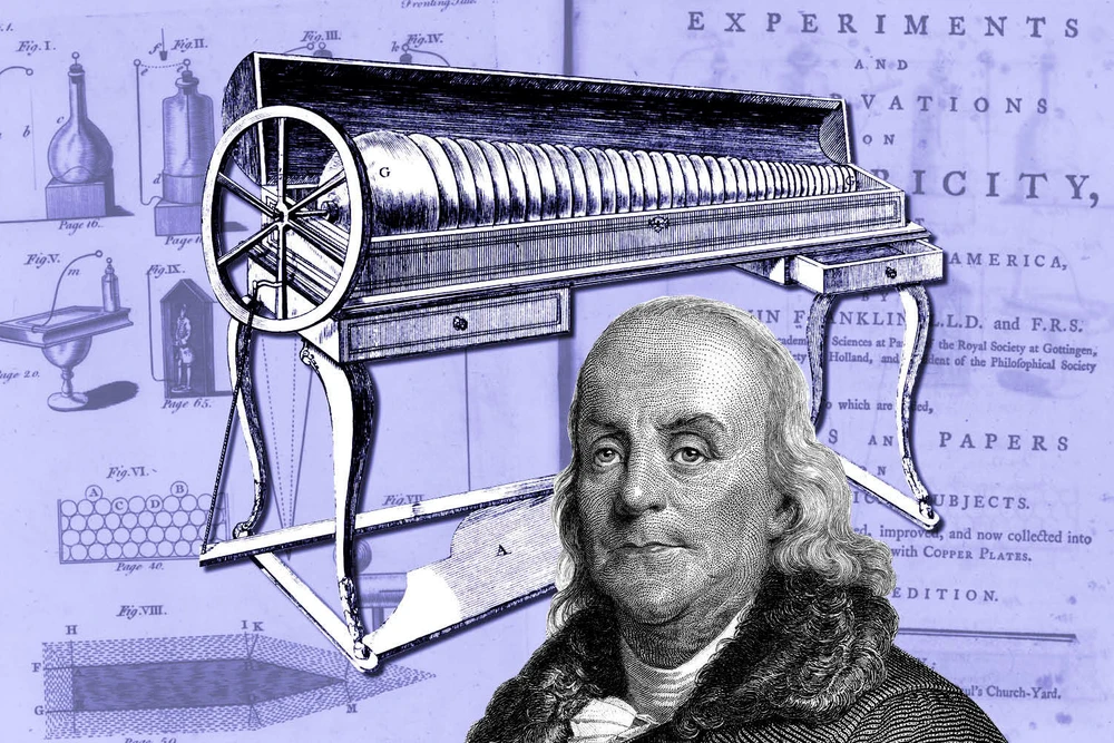 Портрет Бенджамина Франклина на фоне чертежа стеклянной гармоники с вращающимися стеклянными чашами