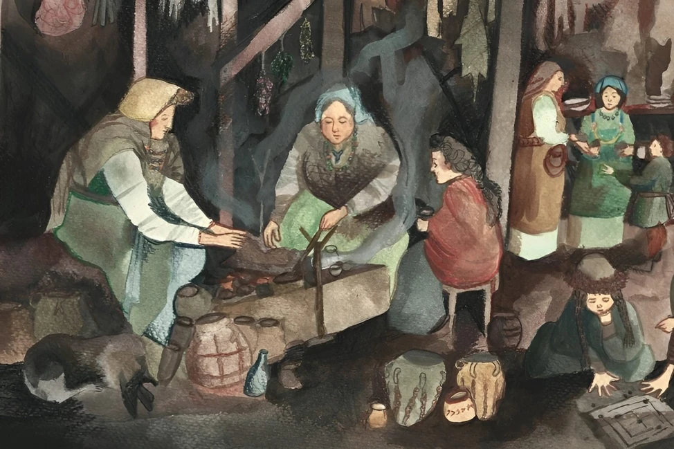 Женщины в доме викингов у очага готовят еду, рядом дети, глиняные сосуды и домашнее животное