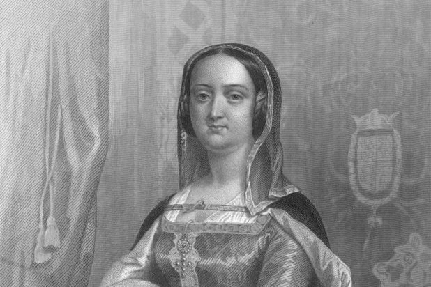 Изабелла Кастильская в головном уборе и парадном платье на чёрно-белой гравюре