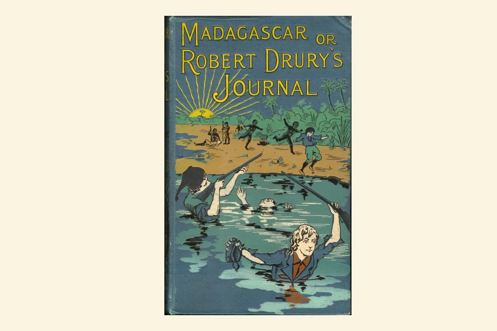 Обложка книги «Мадагаскар, или Журнал Роберта Друри» со сценой нападения у берега