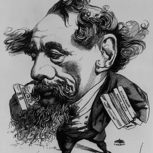 Карикатура Андре Жиля на Чарльза Диккенса с книгами в руках и у лица