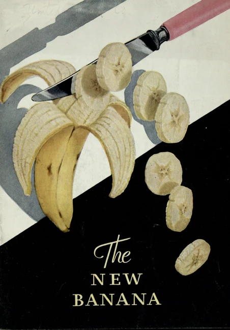 Обложка книги «The New Banana» с очищенным бананом, ломтиками и ножом