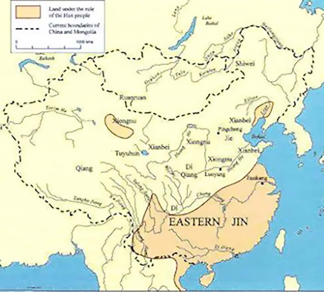 Карта Китая эпохи Северных и Южных династий с территорией Восточной Цзинь, этническими группами, городами и реками